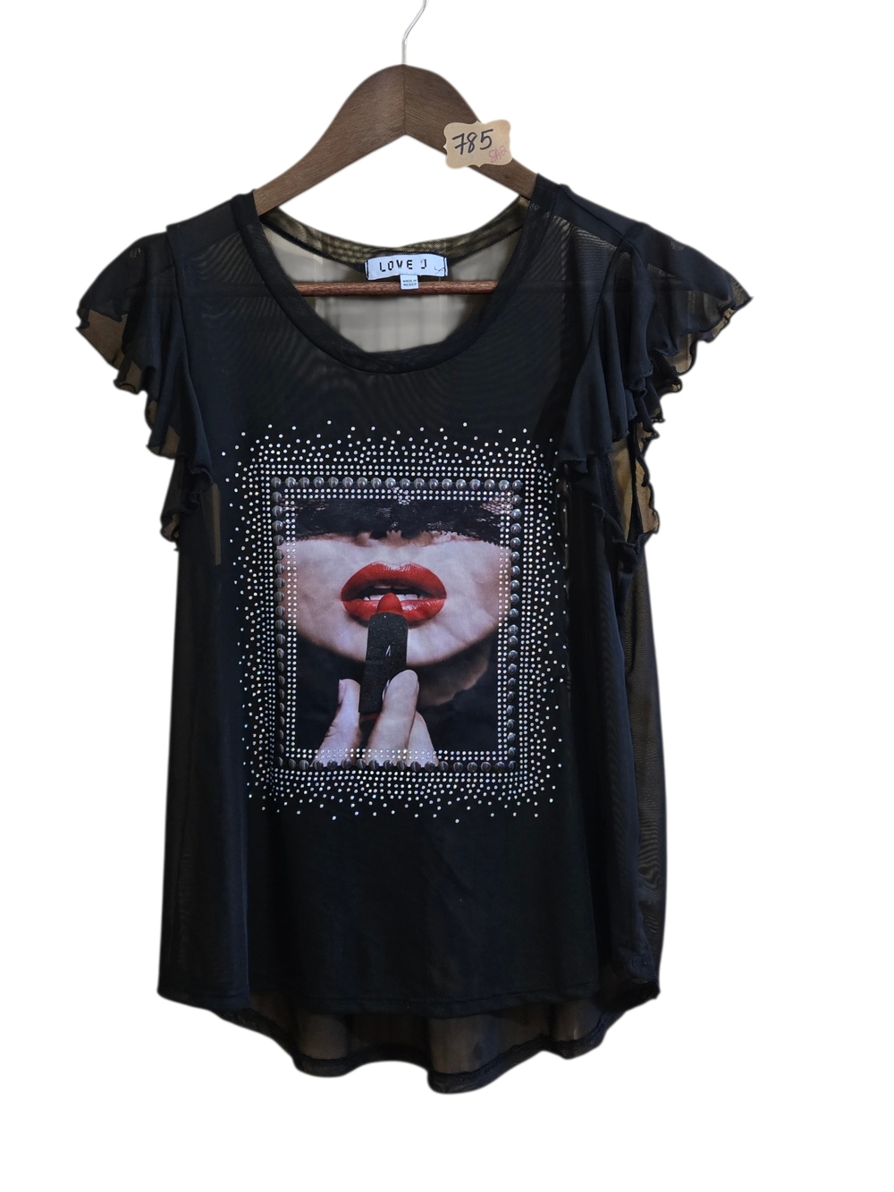Zara Black Short-Sleeve Graphic Top with Red Lip Print